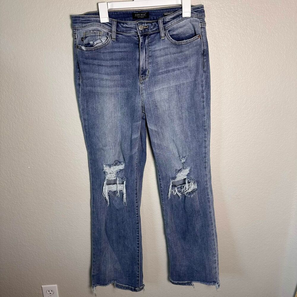 Judy Blue Distressed Straight Fit Stretchy Jeans 15/32 Raw Hem Blue Grunge